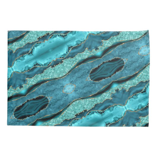 アゲートティール（緑がかった色）ブルー金ゴールドアクアターコイズピローケース 枕カバー (裏面)