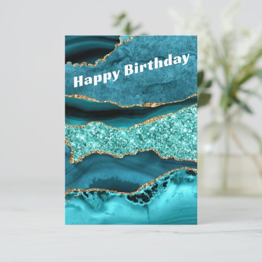 アゲートティール（緑がかった色）ブルー金ゴールドアクアターコイズ誕生日カード 招待状 (スタンド正面)