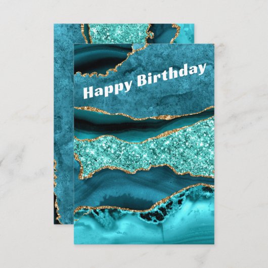 アゲートティール（緑がかった色）ブルー金ゴールドアクアターコイズ誕生日カード 招待状 (正面/裏面)