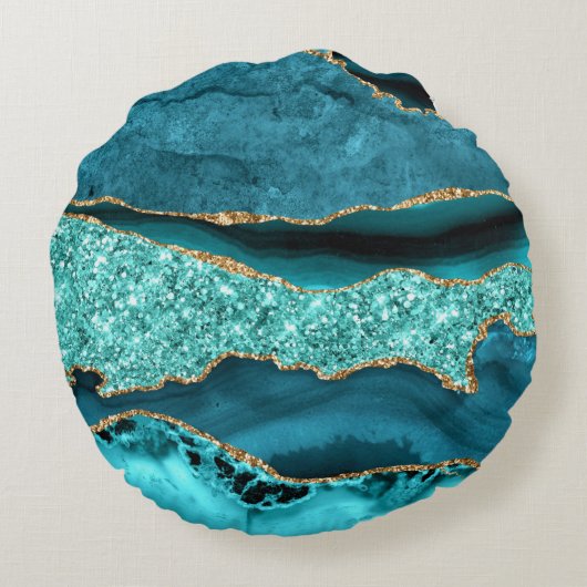 アゲートティール(緑がかった色)ブルー金ゴールドグリッターアクアラウンドピロー ラウンドクッション (裏面)