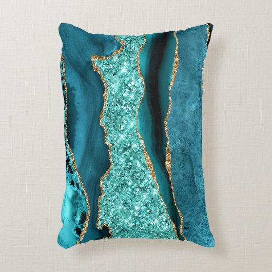 アゲートティール（緑がかった色）ブルー金ゴールドグリッターマーブルアクアターコイズ アクセントクッション (正面(垂直))