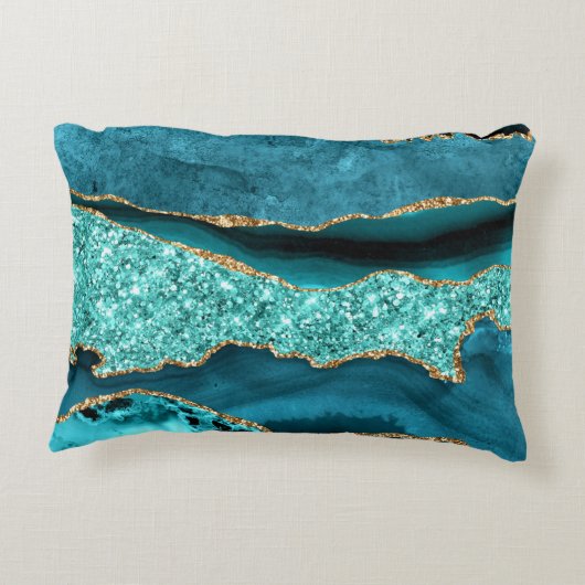 アゲートティール（緑がかった色）ブルー金ゴールドグリッターマーブルアクアターコイズ アクセントクッション (裏面)