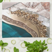 アゲートティール(緑がかった色)ブルー金ゴールドグリッターマーブルアクアターコイズ キッチンタオル (折り畳み)