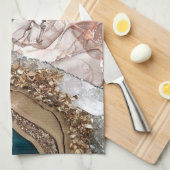 アゲートティール(緑がかった色)ブルー金ゴールドグリッターマーブルアクアターコイズ キッチンタオル (四つ折り)