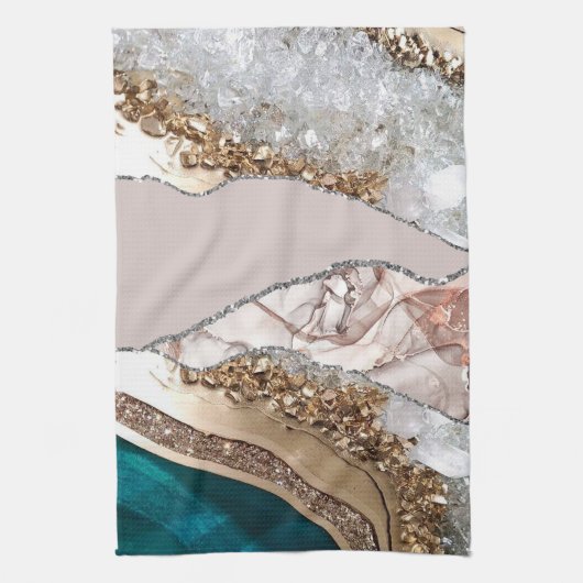 アゲートティール（緑がかった色）ブルー金ゴールドグリッターマーブルアクアターコイズ キッチンタオル (縦)