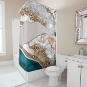 アゲートティール（緑がかった色）ブルー金ゴールドグリッターマーブルアクアターコイズ シャワーカーテン (インサイチュ)