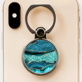 アゲートティール（緑がかった色）ブルー金ゴールドグリッターマーブルアクアターコイズ スマートフォンリング