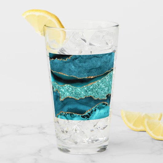 アゲートティール（緑がかった色）ブルー金ゴールドグリッターマーブルアクアターコイズ タンブラーグラス (アイス正面)