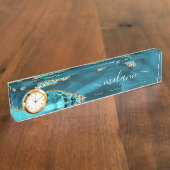 アゲートティール（緑がかった色）ブルー金ゴールドグリッターマーブルアクアターコイズ デスクネームプレート (側面)