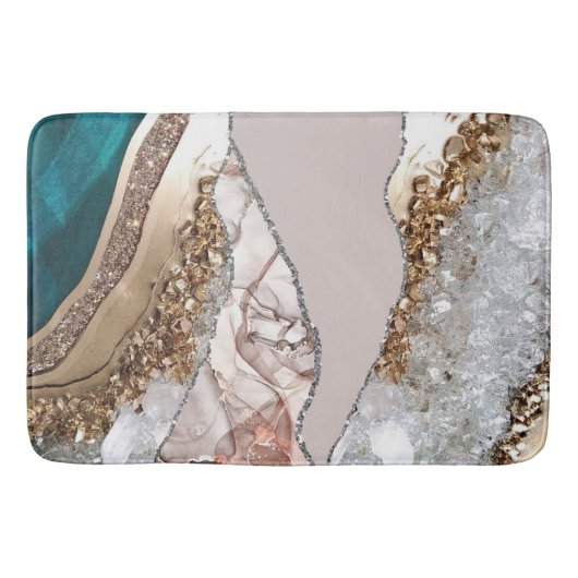 アゲートティール（緑がかった色）ブルー金ゴールドグリッターマーブルアクアターコイズ バスマット (正面)