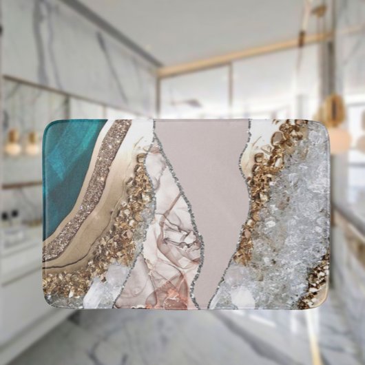 アゲートティール（緑がかった色）ブルー金ゴールドグリッターマーブルアクアターコイズ バスマット