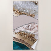 アゲートティール（緑がかった色）ブルー金ゴールドグリッターマーブルアクアターコイズ ビーチタオル (正面)