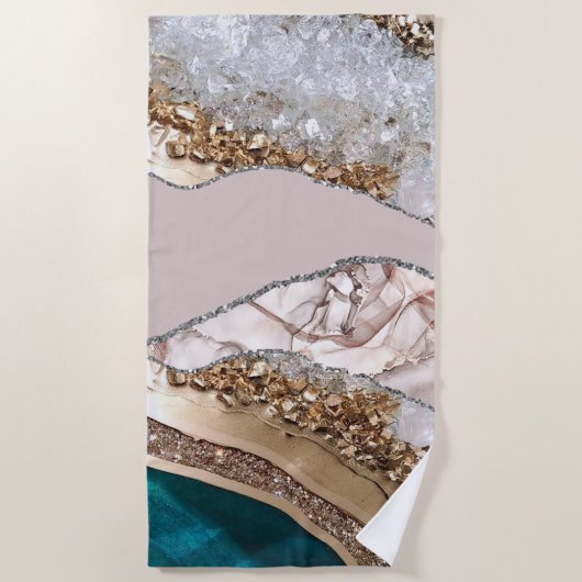 アゲートティール（緑がかった色）ブルー金ゴールドグリッターマーブルアクアターコイズ ビーチタオル (正面)
