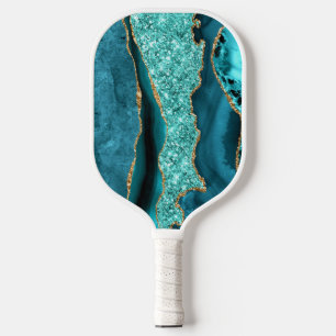 アゲートティール（緑がかった色）ブルー金ゴールドグリッターマーブルアクアターコイズ ピックルボールラケット
