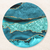 アゲートティール(緑がかった色)ブルー金ゴールドグリッターマーブルアクアターコイズ ラウンドペーパーコースター (正面)