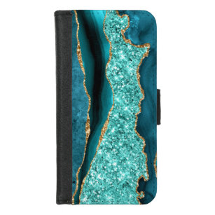 アゲートティール（緑がかった色）ブルー金ゴールドグリッターマーブルアクアターコイズ iPhone 8/7 ウォレットケース