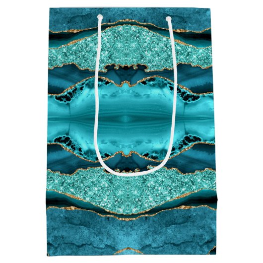 アゲートティール(緑がかった色)ブルー金ゴールドグリッターマーブルアクア抱き枕 ミディアムペーパーバッグ (裏面)