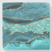 アゲートティール(緑がかった色)ブルー金ゴールドグリッターマーブルストーンコースター ストーンコースター (正面)