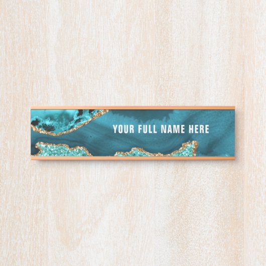 アゲートティール（緑がかった色）ブルー金ゴールドグリッター大理石あなたの名前文字 サインプレート (正面)