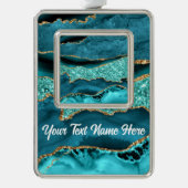 アゲートティール(緑がかった色)ブルー金ゴールドグリッター大理石あなたの名前文字 シルバープレートフレームオーナメント (正面)