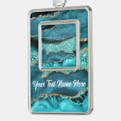 アゲートティール(緑がかった色)ブルー金ゴールドグリッター大理石あなたの名前文字 シルバープレートフレームオーナメント (左)