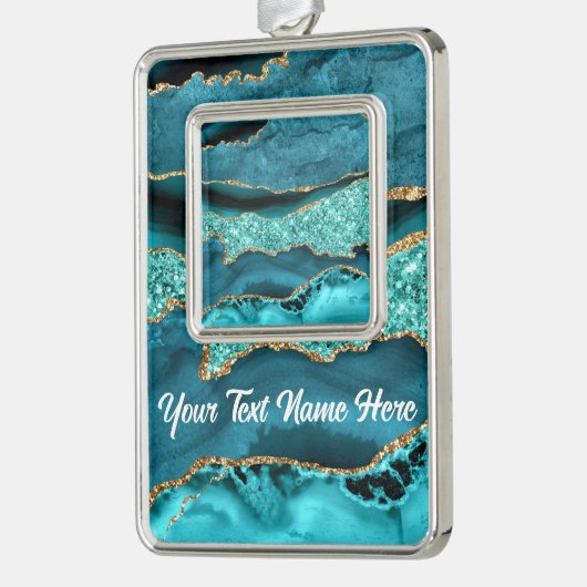 アゲートティール(緑がかった色)ブルー金ゴールドグリッター大理石あなたの名前文字 シルバープレートフレームオーナメント (左)
