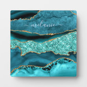 アゲートティール(緑がかった色)ブルー金ゴールドグリッター宝石名前をカスタムする フォトプラーク (正面)