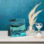 アゲートティール(緑がかった色)ブルー金ゴールドグリッター宝石名前をカスタムする フォトプラーク (インサイチュ)