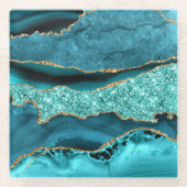 アゲートティール（緑がかった色）ブルー金ゴールド大理石アクアガラスコースター ガラスコースター (正面)