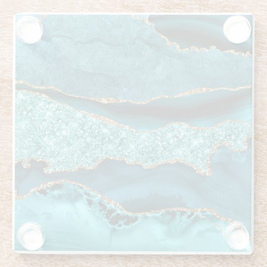 アゲートティール（緑がかった色）ブルー金ゴールド大理石アクアガラスコースター ガラスコースター (裏面)