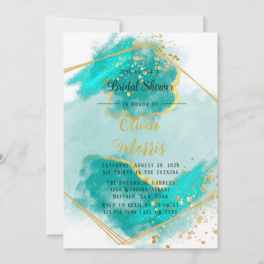 アゲートティール(緑がかった色)及び金ゴールド形状ブライダルシャワー 招待状 (正面)