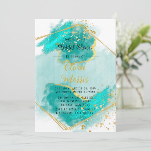 アゲートティール（緑がかった色）及び金ゴールド形状ブライダルシャワー 招待状 (スタンド正面)