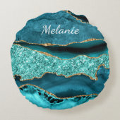 アゲートティール（緑がかった色）金ゴールドグリッターアクア名前をカスタムする枕 ラウンドクッション (裏面)