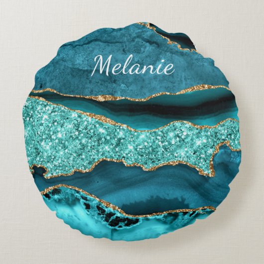 アゲートティール（緑がかった色）金ゴールドグリッターアクア名前をカスタムする枕 ラウンドクッション (裏面)
