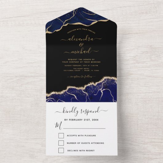アゲートネイビー結婚ル金ゴールドエレガントズモダン オールインワン招待状 (内側)