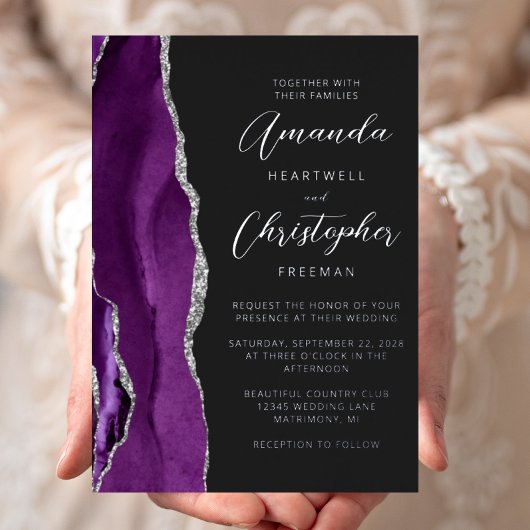 アゲートパープルシルバースクリプトダーク結婚ズ 箔招待状