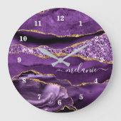 アゲートパープルバイオレット金ゴールドグリッタークロックあなたの名前 ラージ壁時計 (正面)
