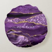 アゲートパープルバイオレット金ゴールドグリッターゲード名前をカスタムする ラウンドクッション (裏面)