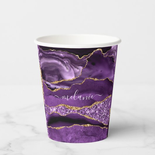 アゲートパープルバイオレット金ゴールドグリッターゲード名前をカスタムする 紙コップ (裏面)