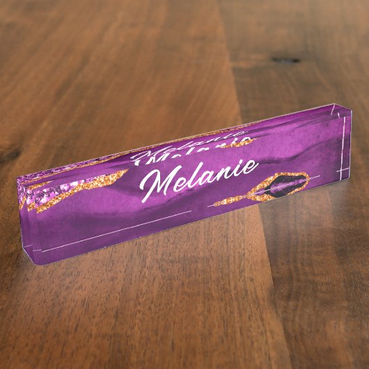 アゲートパープルバイオレット金ゴールドマーブルデスク名プレート デスクネームプレート (側面)