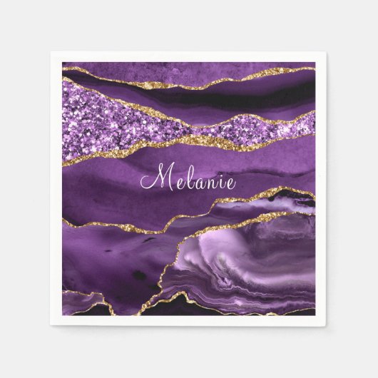 アゲートパープル金ゴールドグリッター名前をカスタムするナプキンス スタンダードカクテルナプキン (正面)