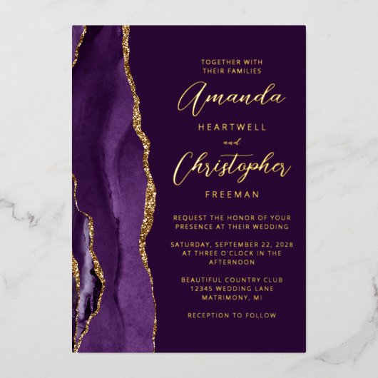 アゲートパープル金ゴールドスクリプト結婚プラム 箔招待状 (正面)