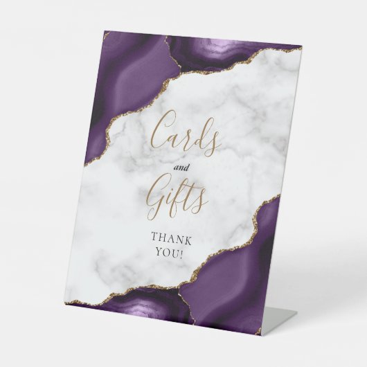 アゲートパープル金ゴールド大理石の結婚式のカードとギフト 台座サイン (正面)