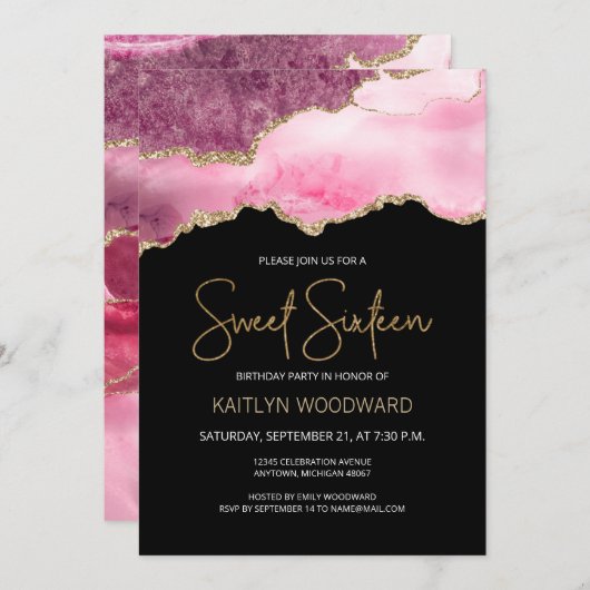 アゲートピンク金ゴールドダークスウィート16バースデーパーティー 招待状 (正面/裏面)
