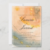 アゲートピーチハンドウォーターの色とフェイク金ゴールド結婚ズ 招待状 (正面)