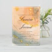 アゲートピーチハンドウォーターの色とフェイク金ゴールド結婚ズ 招待状 (スタンド正面)