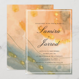 アゲートピーチハンドウォーターの色とフェイク金ゴールド結婚ズ 招待状