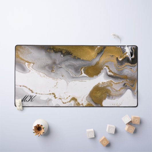 アゲートブラックと金ゴールド大理石名前をカスタムする文字 デスクマット (キッズテーブル)
