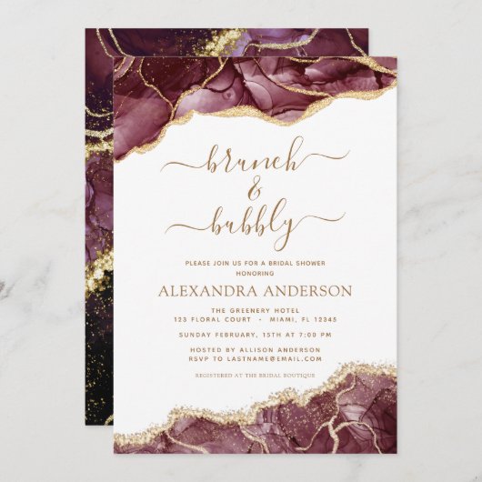 アゲートブルゴーニュ金ゴールドブランチ&バブリーブライダルシャワー 招待状 (正面/裏面)