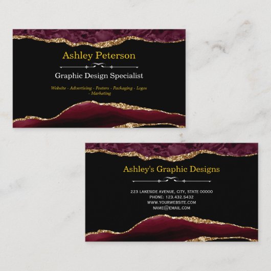 アゲートブルゴーニュ&金ゴールドフェイクグリッター名刺 名刺 (正面/裏面)